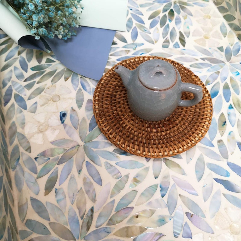 i-lan Creative Rectangular Mother of Pearl Severing Tray Lacquer Wooden Decorative Tray Handmade Shell Serving Tray with Handles and 2 Inch Side, Large Beige Blue Inlay Nacre Ottoman Tray (15.75") - Image 3